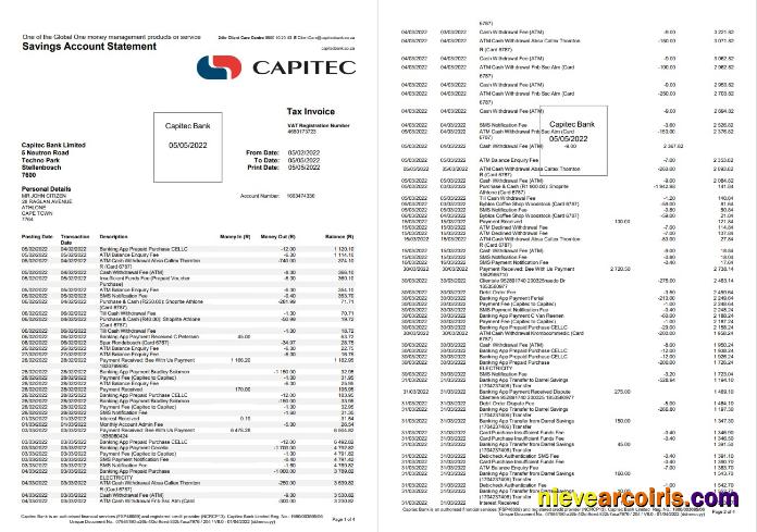 South Africa Capitec bank savings account statement 4 pages